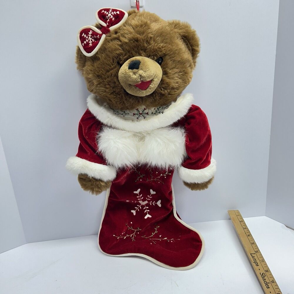 Vintage Dan Dee 3D Plush Bear Christmas Stocking Red Velvet Snowflake Bow 24”